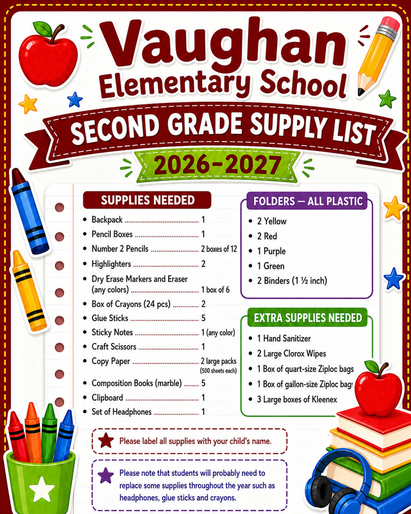 Vaughan Elementary School Supply List 2026-2027 Second Grade