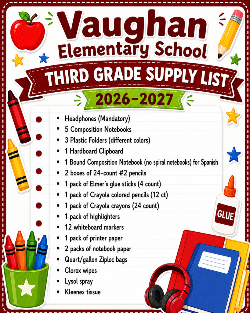 Vaughan Elementary School Supply List 2026-2027 Third Grade