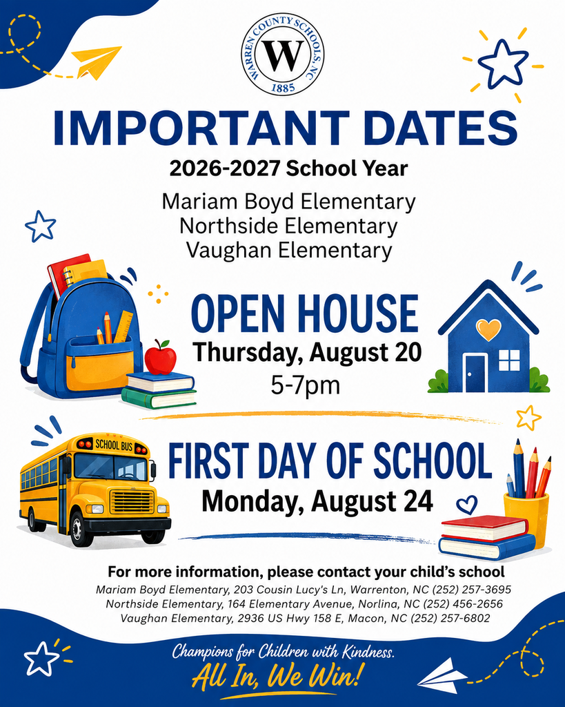 Warren County Schools 2026-2027 Open House First Day of School Mariam Boyd Northside Vaughan Elementary