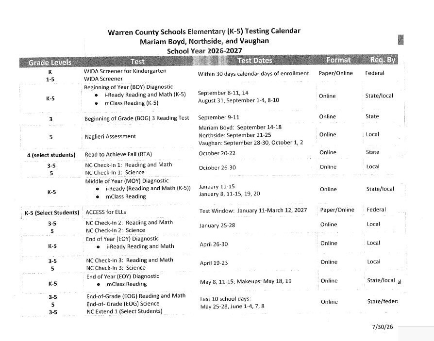 26-27 Elementary Testing Calendar