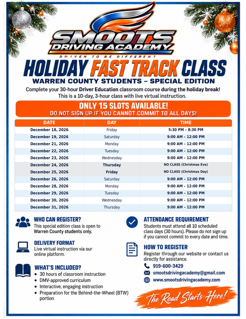 Smoots Driving Academy Holiday Fast Track Class - Warren County Schools NC