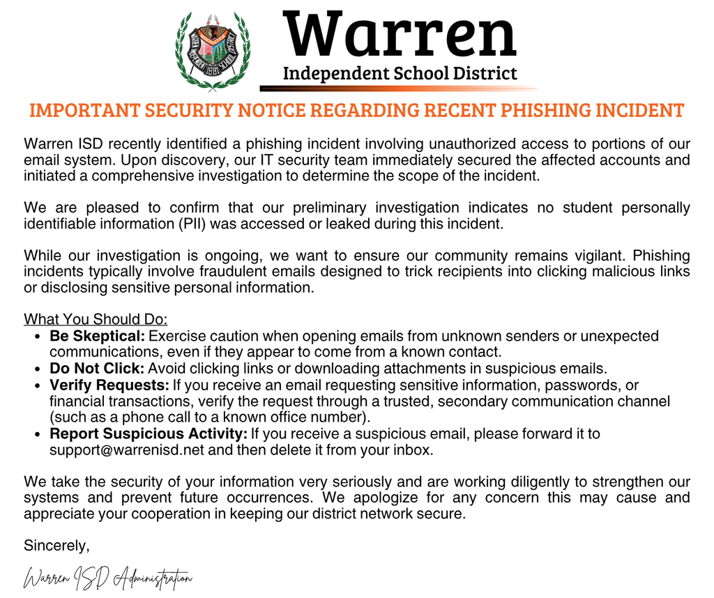 Important Security Notice Regarding Recent Phishing Incident