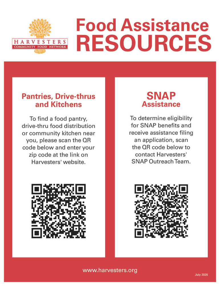 Food Assistance Resources Harvesters  contains 2 QR Codes (one for Food Pantries, Drive-thrus and kitchens and one for SNAP Assistance)