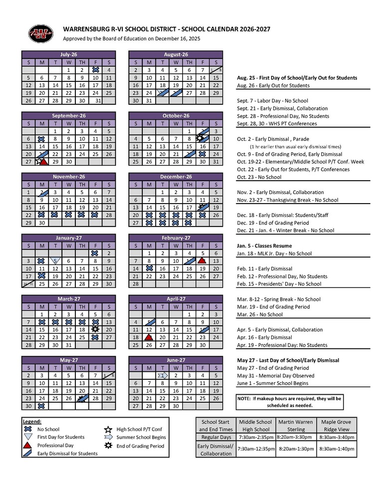 2026-2027 School Year Calendar