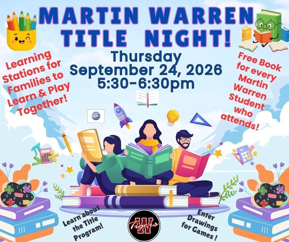 Martin Warren Title Night information on a blue background with graphics of people reading books, book stacks & math symbols