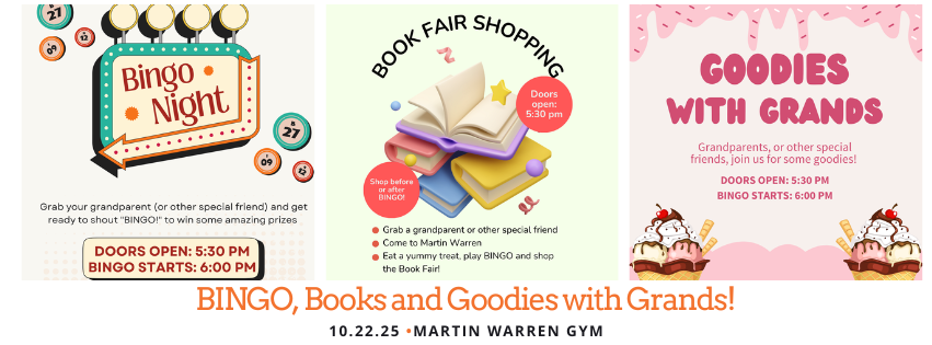 Colorful graphics advertising Bingo, Books & Goodies with Grands Night at Martin Warren. October 22nd starting at 5:30 pm