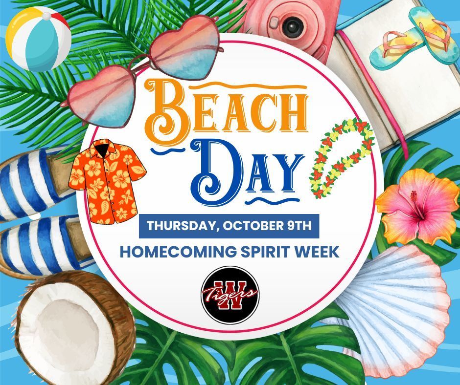 Beach Day graphic with beach decor, Thursday October 9th for Spirit Week