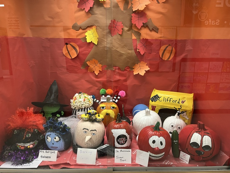 pumpkins decorated as a tomato, Grue, Clifford, Nightmare before Christmas and Popcorn