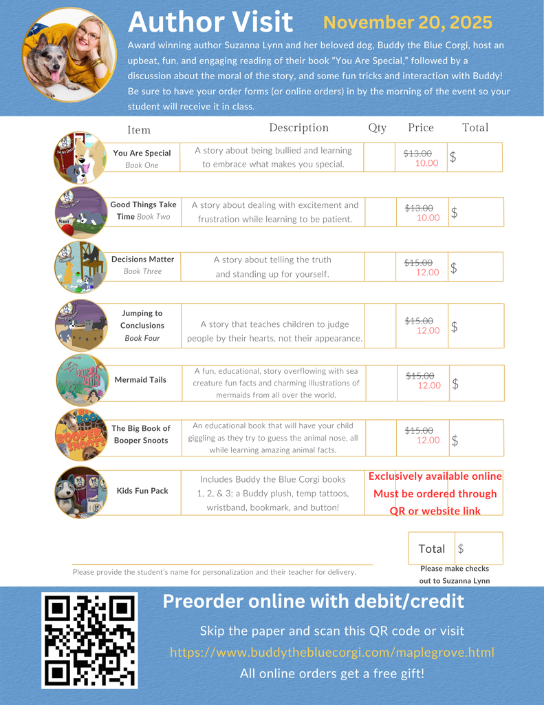 Book order details for the Author Visit on November 20th!