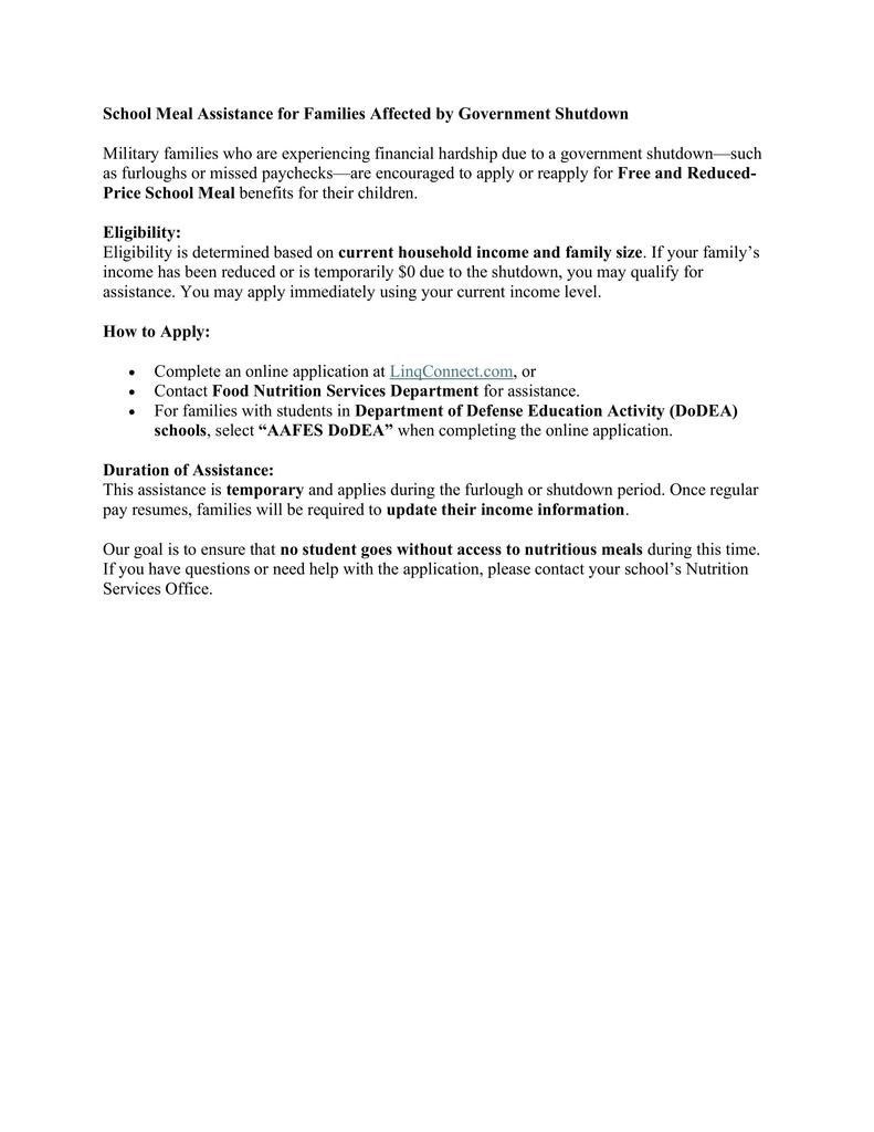 Military family meal assistance