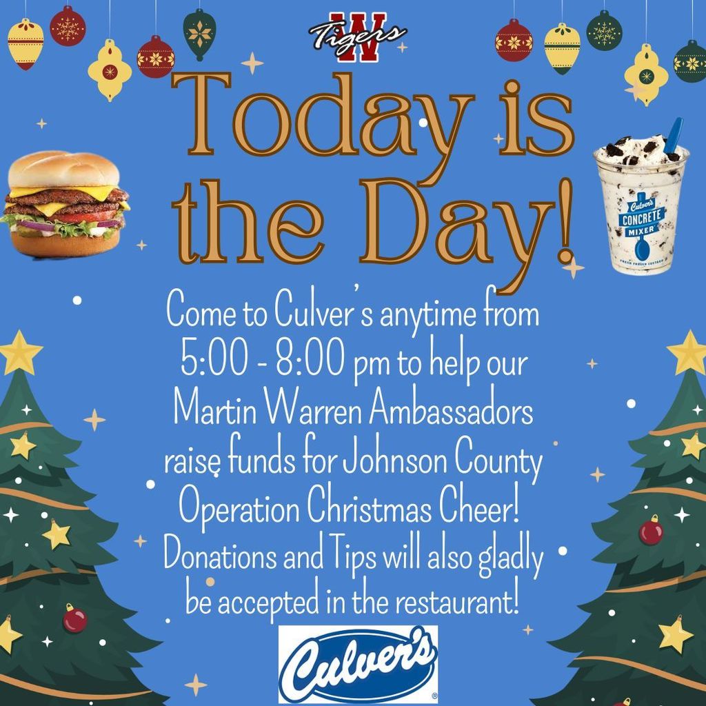 Blue background with information on the Culver's fundraiser night for the Martin Warren Ambassadors (November 25th from 5:00-8:00 pm)