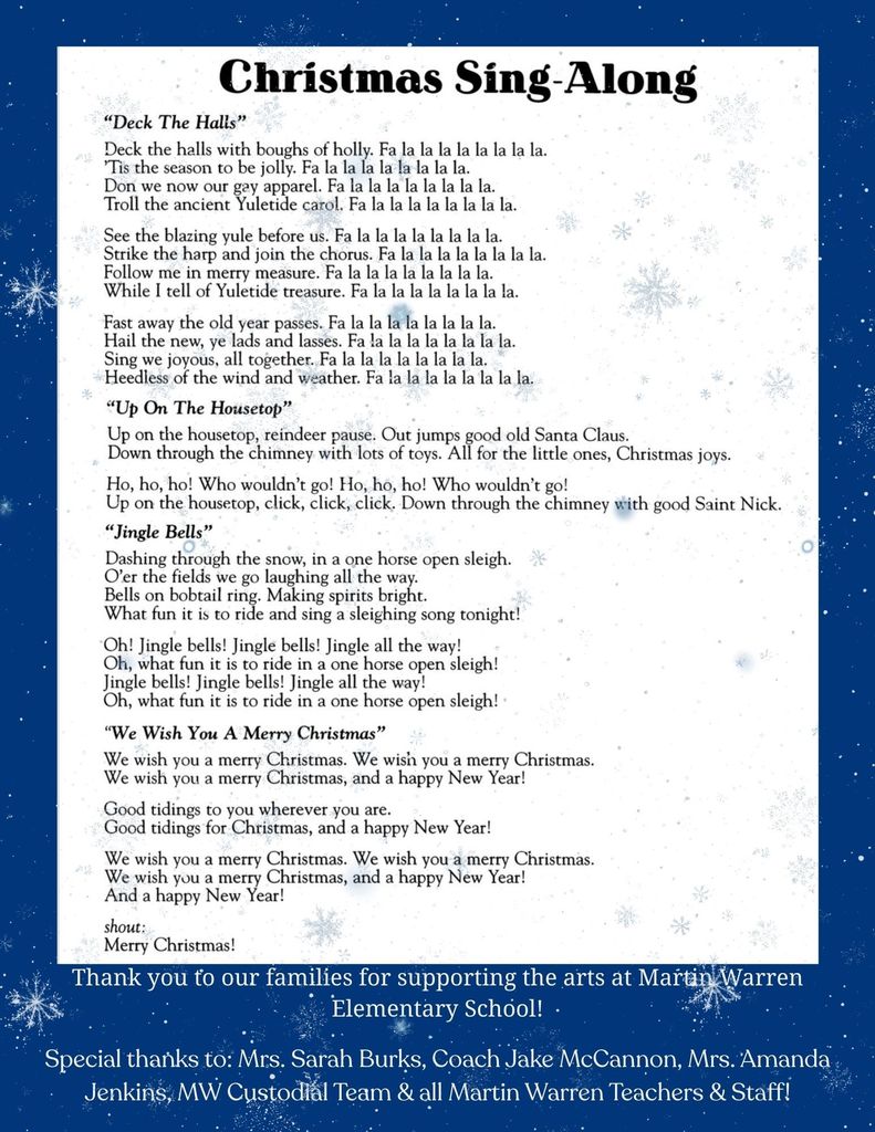 Blue background with lyrics for Christmas Sing Along songs and a Thank you note for staff and parents