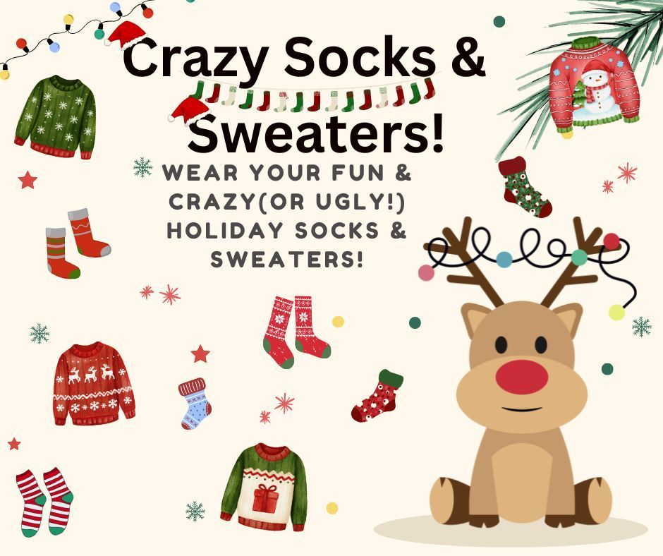 Cream background with a animated reindeer, ugly Christmas sweaters & holiday socks. Crazy Socks and Sweaters (Wear your fun and crazy - or ugly- Holiday socks & sweaters)