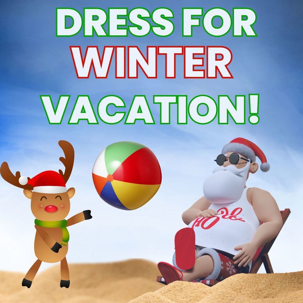 Beach background with Santa in a beach chair & a reindeer throwing a beach ball Text: Dress for Winter Vacation