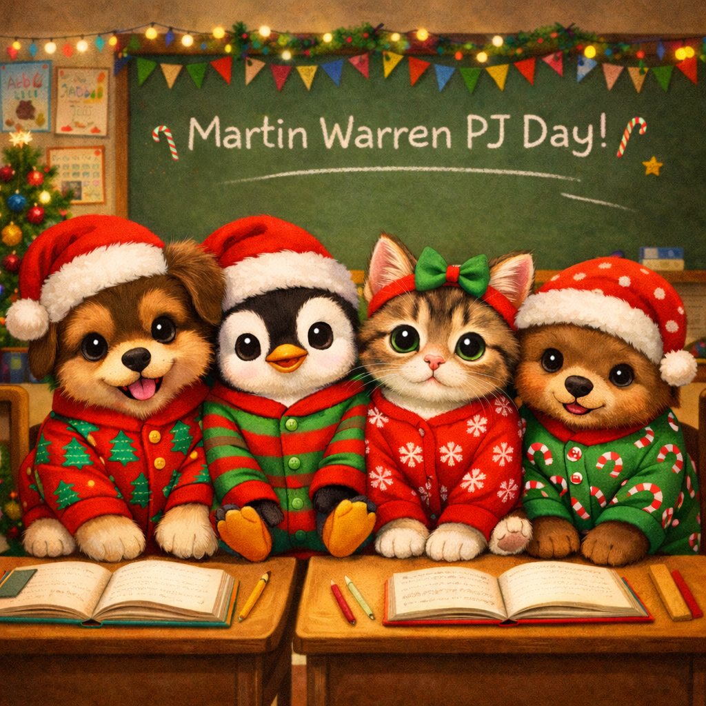 AI generated image of cute animals (dog, cat, penguin & bear) in holiday PJ's in a classroom setting with the text "Martin Warren PJ Day" written on the blackboard.