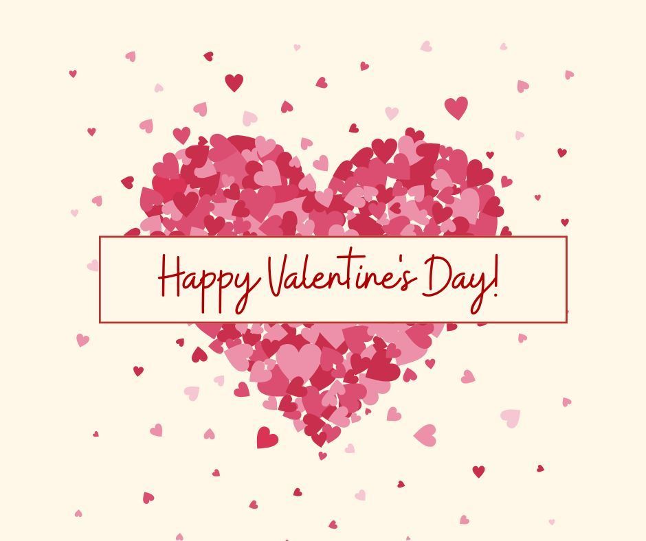 Cream colored background with a large heart made of smaller pink hearts Text: Happy Valentine's Day!