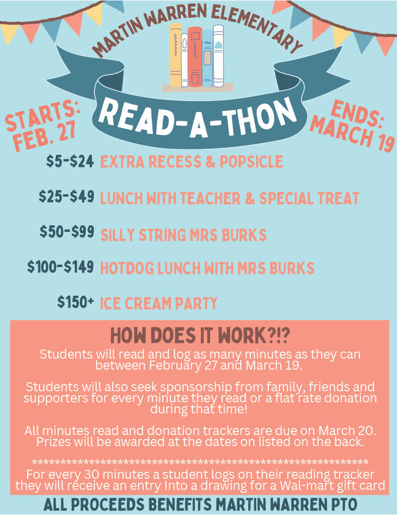 Details regarding the Martin Warren Read A Thon February 27 - March 19. Blue background with books