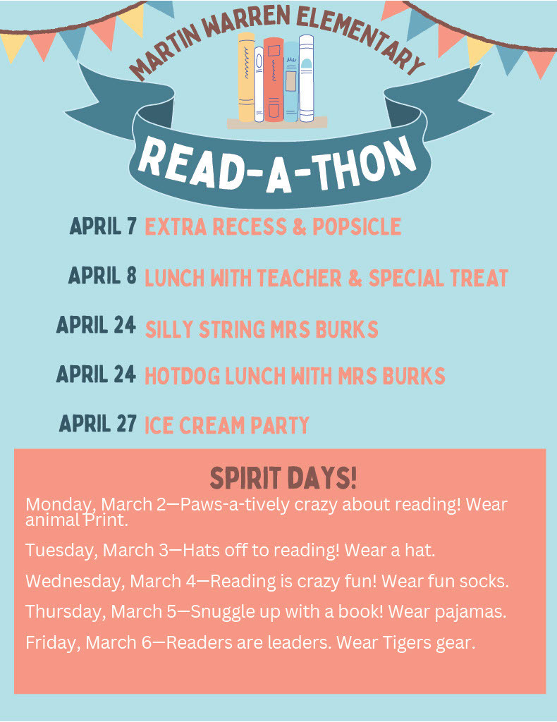 Details regarding the Martin Warren Read A Thon February 27 - March 19. Blue background with books
