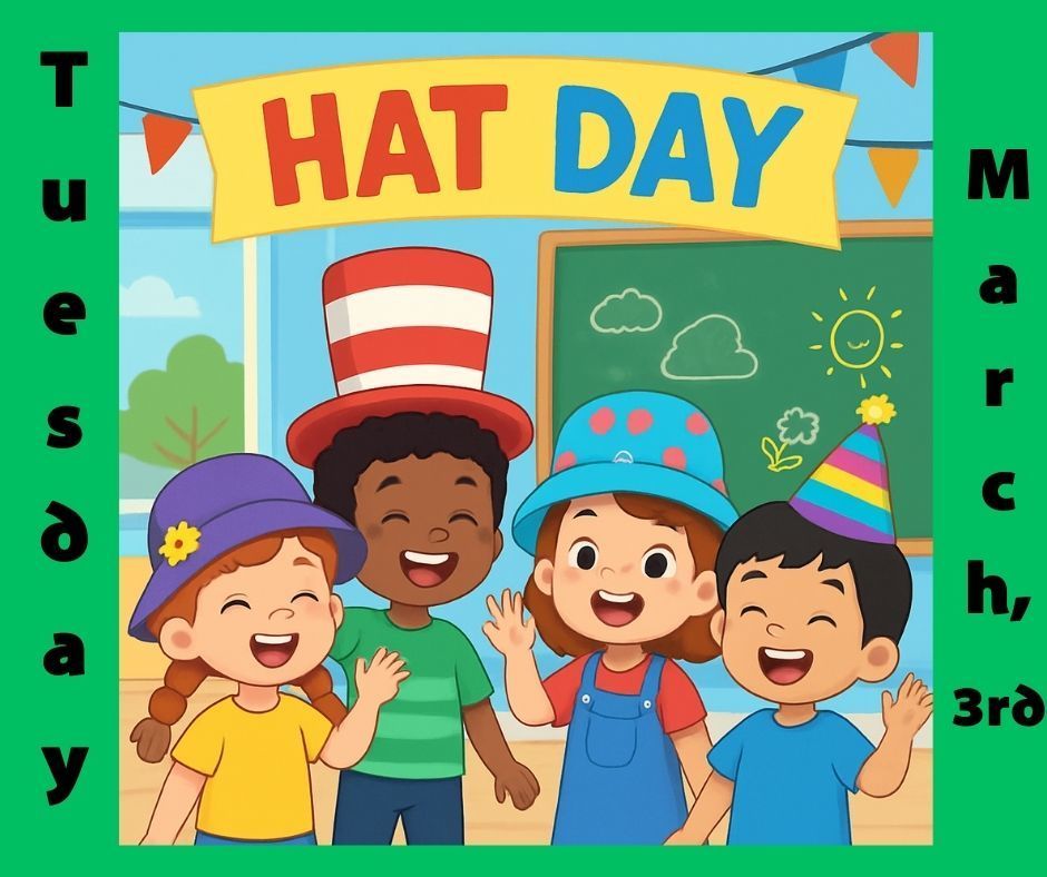 Tuesday, March 3rd is Hat Day for Read A Thon Spirit week  Green background with graphic of four kids wearing different hats.