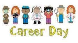Graphic of children wearing various different career outfits. Text: Career Day
