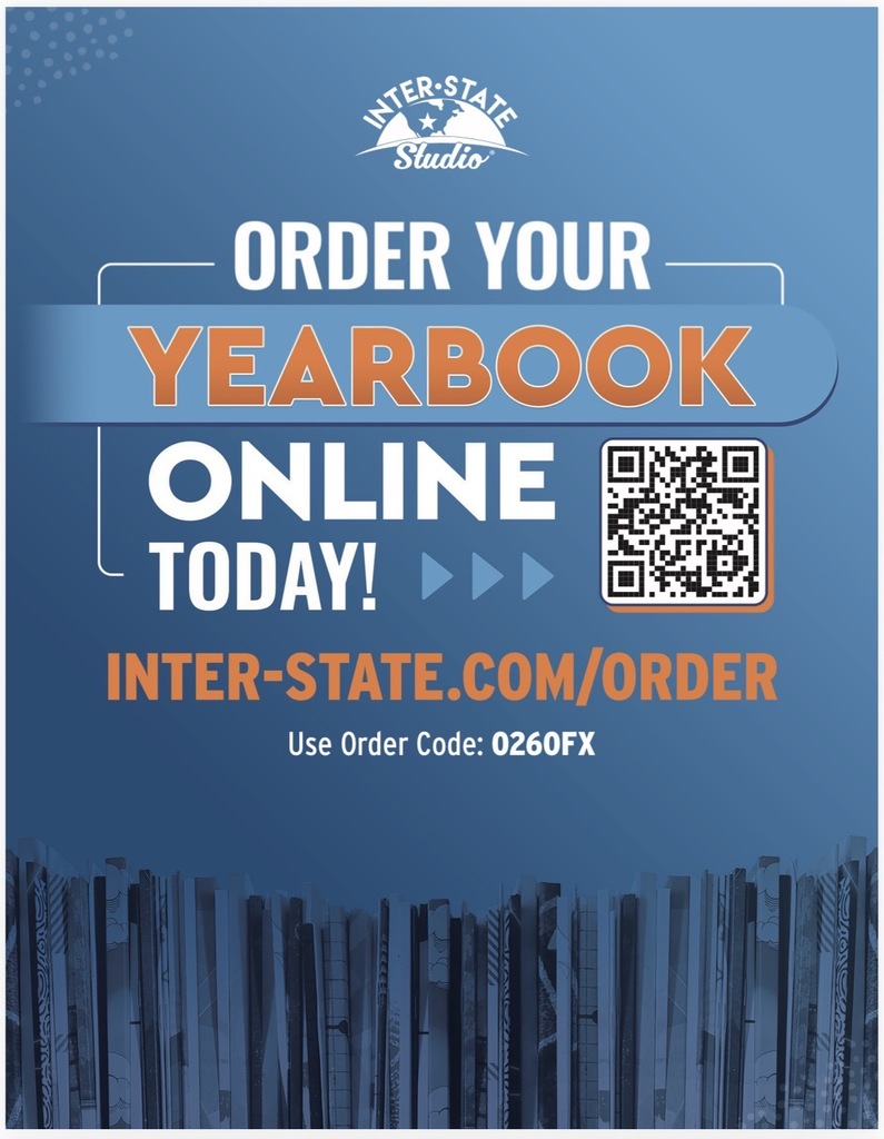 Blue background with Inter-State Studio logo and a QR code  Text:  Order your Yearbook Online Today!!  Inster-state.com/order  use code 0260FX