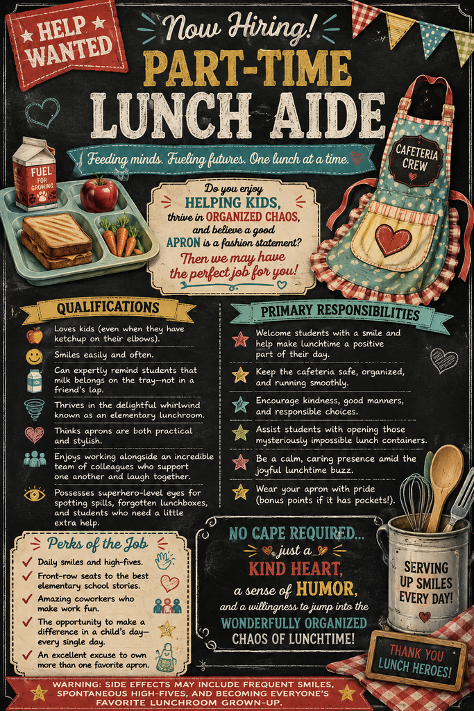 # **Now Hiring: Part-Time Lunch Aide** 🥪✨  **Do you enjoy helping kids, thrive in organized chaos, and believe a good apron is a fashion statement? Then we may have the perfect job for you!**  ### **Qualifications**  * 🍎 Loves kids (even when they have ketchup on their elbows). * 😄 Smiles easily and often. * 🧃 Can expertly remind students that milk belongs on the tray—not in a friend's lap. * 🎯 Thrives in the delightful whirlwind known as an elementary lunchroom. * 👩‍🍳 Thinks aprons are both practical *and* stylish. * 🤝 Enjoys working alongside an incredible team of colleagues who support one another and laugh together. * 👀 Possesses superhero-level eyes for spotting spills, forgotten lunchboxes, and students who need a little extra help.  ### **Primary Responsibilities**  * Welcome students with a smile and help make lunchtime a positive part of their day. * Keep the cafeteria safe, organized, and running smoothly. * Encourage kindness, good manners, and responsible choices. * Assist students with opening those mysteriously impossible lunch containers. * Be a calm, caring presence amid the joyful lunchtime buzz. * Wear your apron with pride (bonus points if it has pockets!).  ### **Perks of the Job**  * 💛 Daily smiles and high-fives. * 🌮 Front-row seats to the best elementary school stories. * 🎉 Amazing coworkers who make work fun. * 🐯 The opportunity to make a difference in a child's day—every single day. * 🥄 An excellent excuse to own more than one favorite apron.  **No cape required... just a kind heart, a sense of humor, and a willingness to jump into the wonderfully organized chaos of lunchtime!**