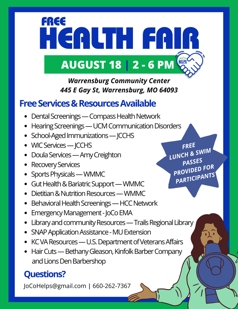 Community Health Fair August 18th from 2:00-6:00 pm at the Warrensburg Community Center 445 E Gay St. Warrensburg MO