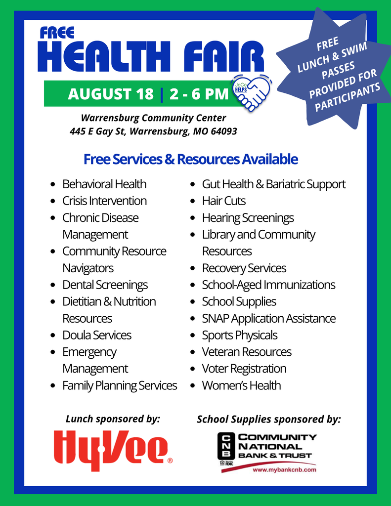 Community Health Fair August 18th from 2:00-6:00 pm at the Warrensburg Community Center 445 E Gay St. Warrensburg MO