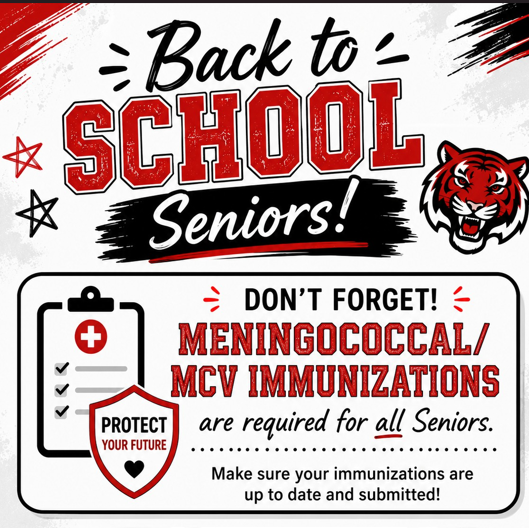 Reminder, if you have not submitted a Meningococcal Immunization for your Senior, you must do so today.  THIS IS REQUIRED FOR ALL SENIORS!!