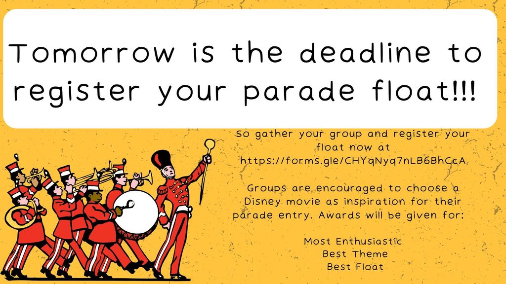 Just a reminder that if you want to enter a float into the homecoming parade, the deadline is tomorrow, September 25th!! Register now at https://forms.gle/CHYqNyq7nLB6BhCcA
