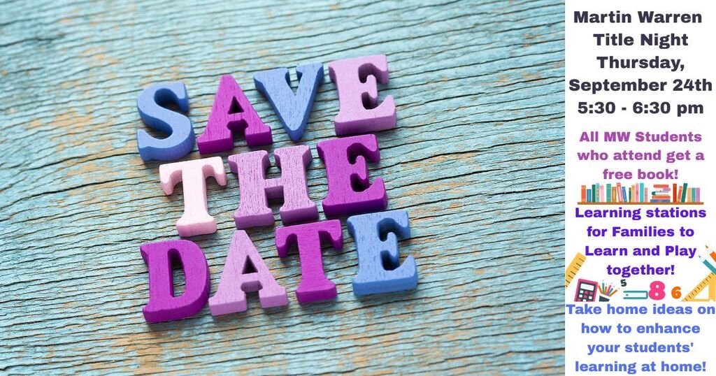 Purple letters on blue wood texture background: Save the Date for Martin Warren Title Night all details listed in text