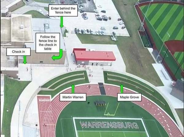 Map of Warrensburg Activities Complex . Enter at North Main gate and follow fence line to the check in table 