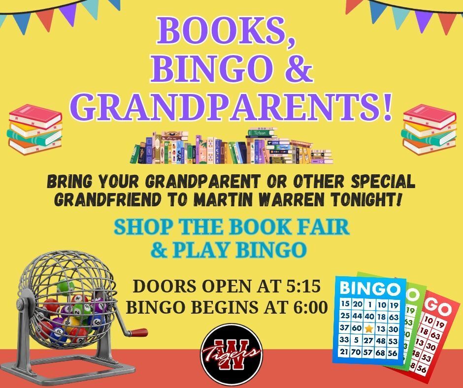 Books, Bingo & Grandparents! Bring your Grandparent or other special friend tonight to play Bingo at 6:00 ! Yellow background with Bingo balls, cards and books.