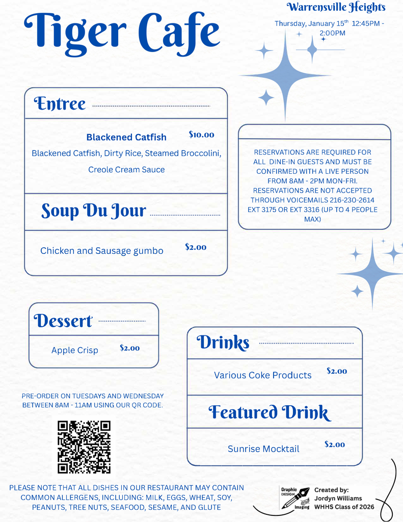 Tiger Cafe January 15th Menu flyer