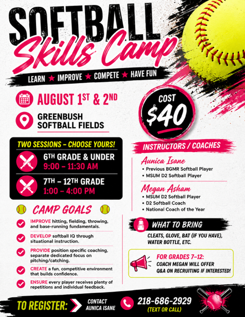 Softball Skills Camp in Greenbush on August 1st & 2nd