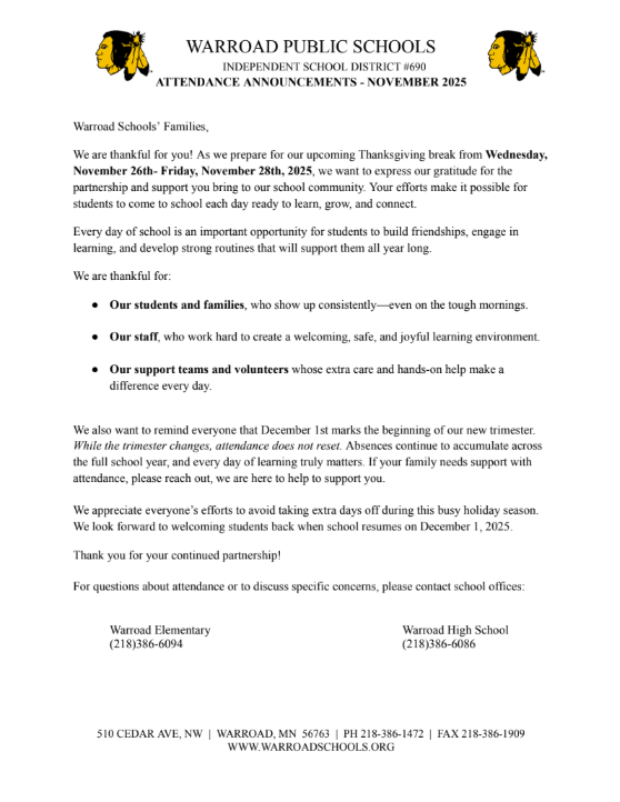 November Attendance Letter