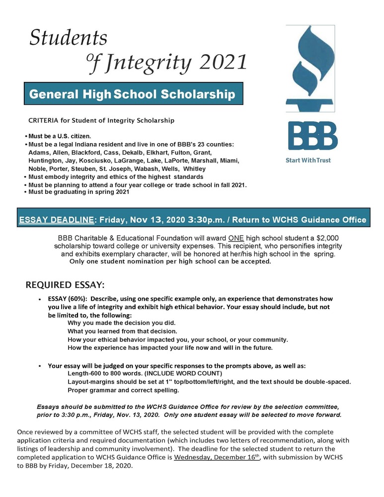 Student of Integrity Essay is due Nov 13th