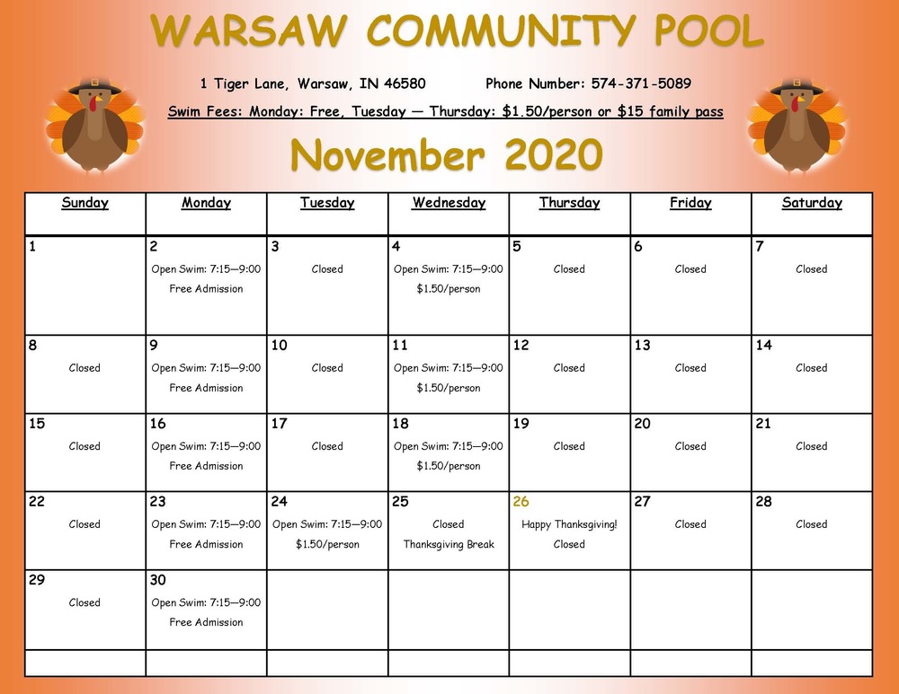 WCHS December pool calendar