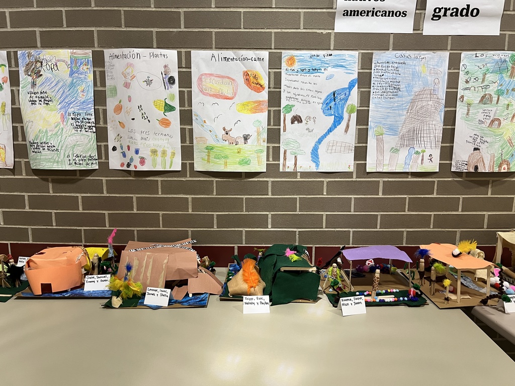 A display of student projects about different types of Native American homes, with drawings and models.