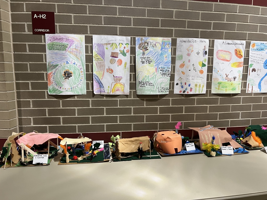 A display of student projects about different types of Native American homes, with drawings and models.