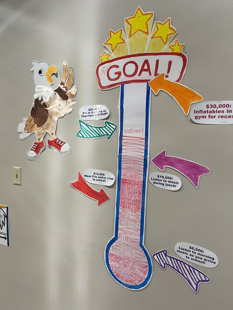 Colorful wall display with a large "GOAL!" sign, stars, and a character mascot. Text includes information about an inflatable gym for recess.