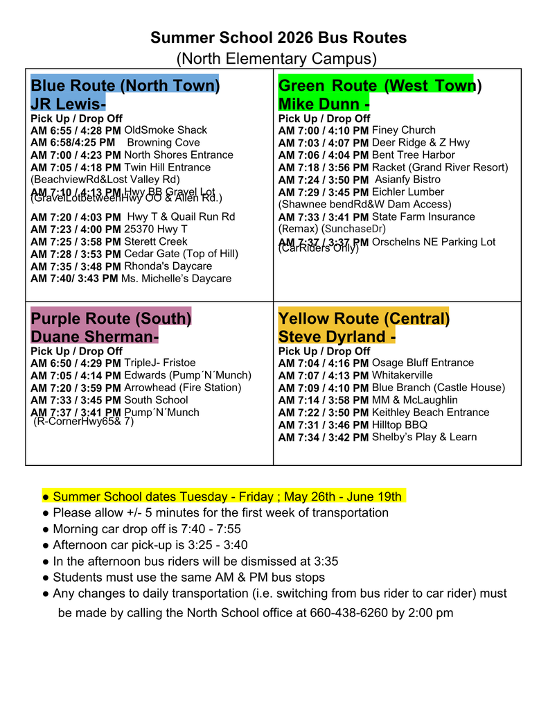 summer school bus routes