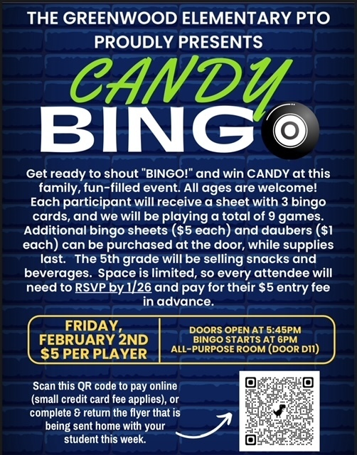 Blue background with Candy bingo in green and white. Info for evening in white. Date in yellow. QR code lower right hand corner