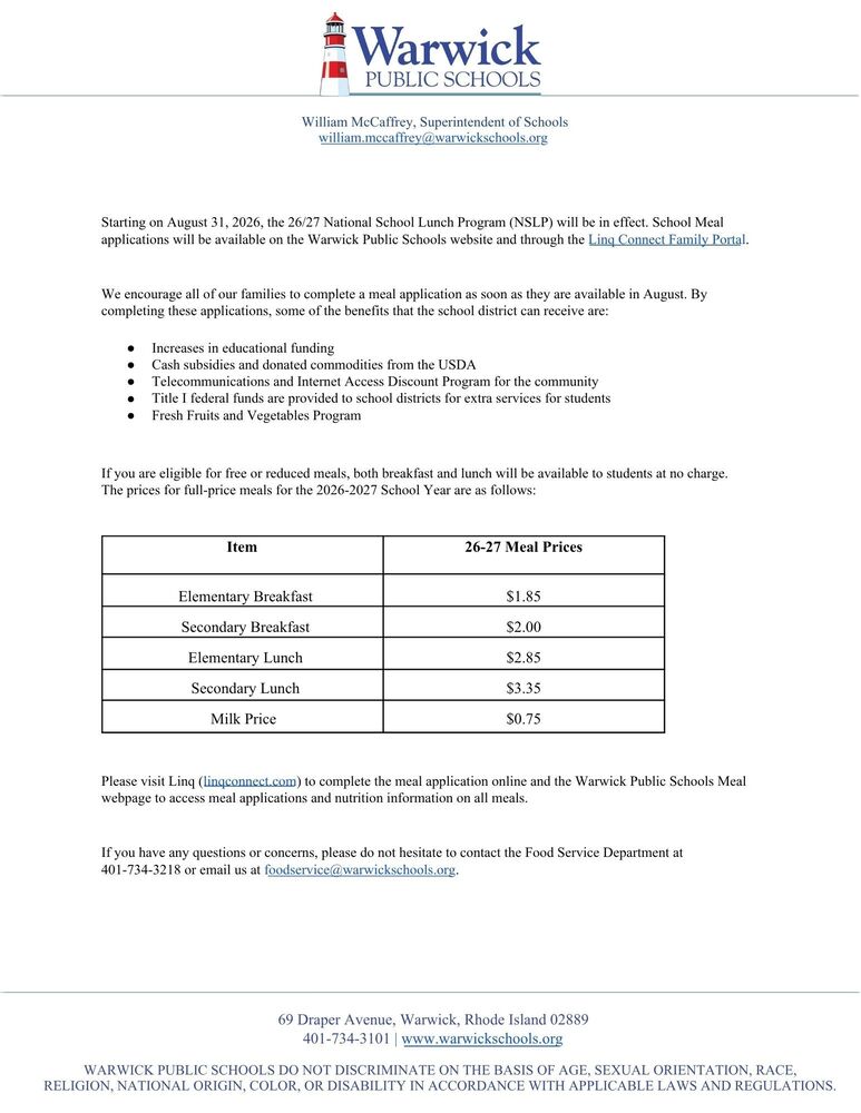 2026-27 School Meal Prices