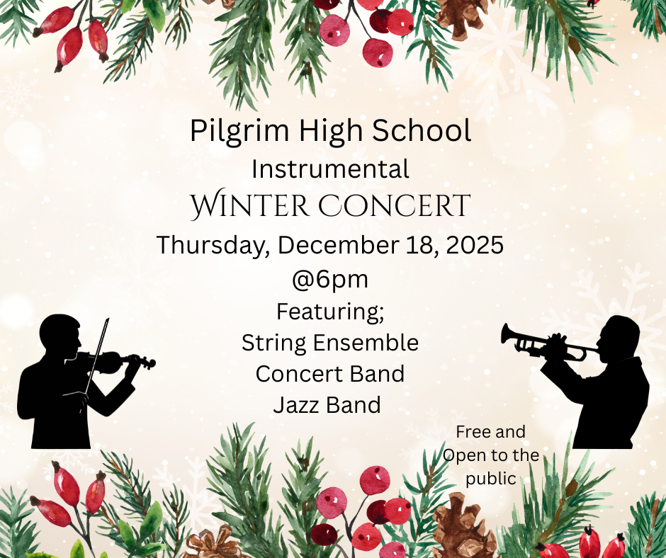 Cream background with holly frame and silhouettes of musicians