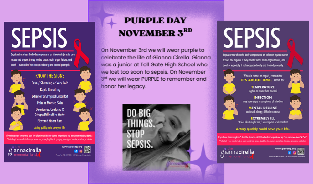Graphic collage summarizing Sepsis Awareness information, including signs and symptoms, the "IT'S ABOUT TIME" campaign, and the Purple Day tribute to Gianna Cirella.