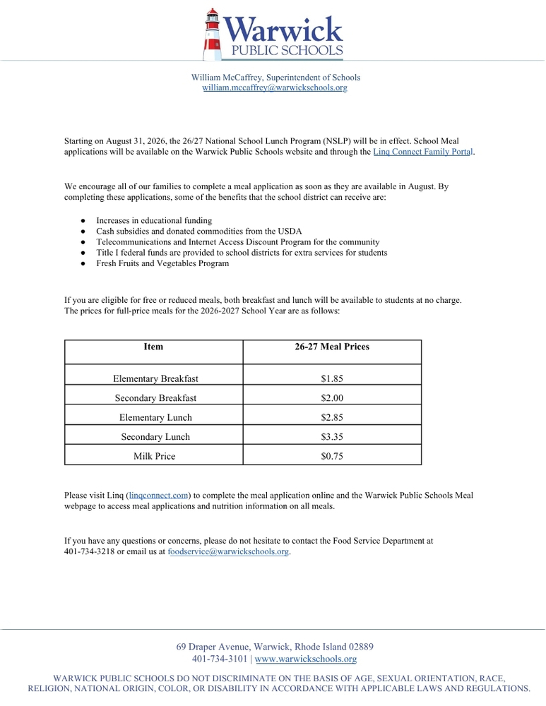 Meal Pricing for 2026-2027 School Year