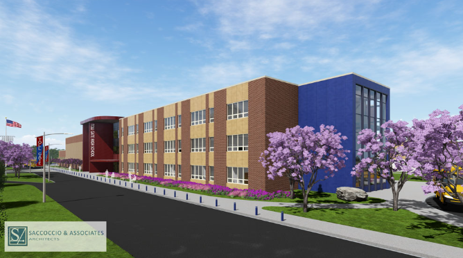 Rendering of the front and side of the new building when completed