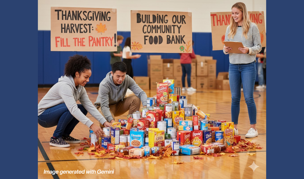 Students collect canned goods and boxed food in a gym for a Thanksgiving food drive. Background signs read, "Thanksgiving Harvest: Fill the Pantry!" and "Building Our Community Food Bank."