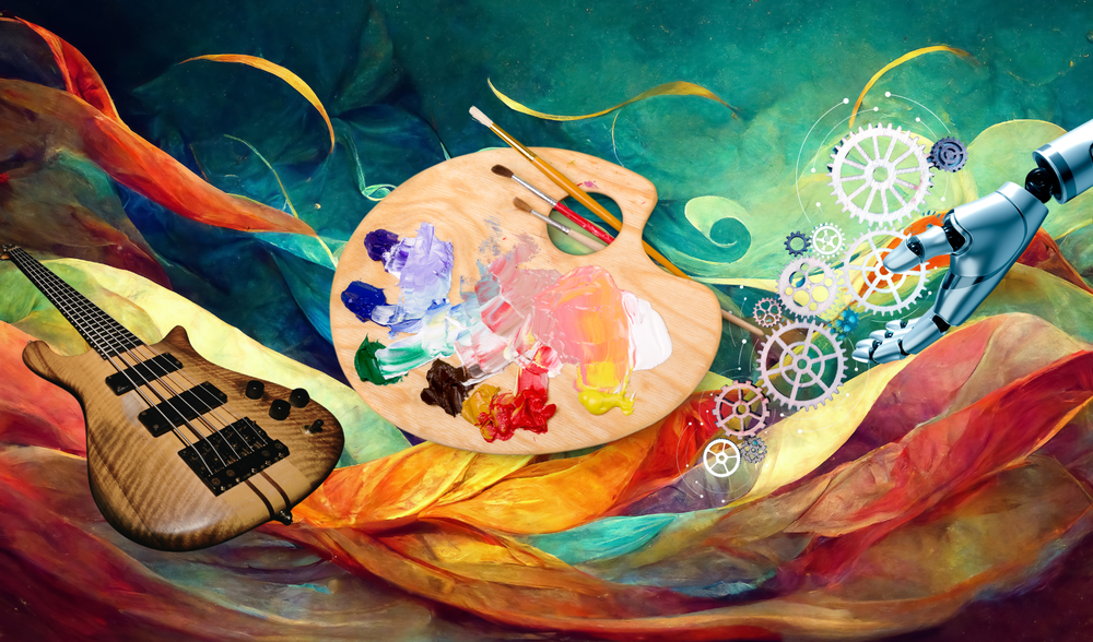 colorful image of guitar, artist's pallet, and robotic arm